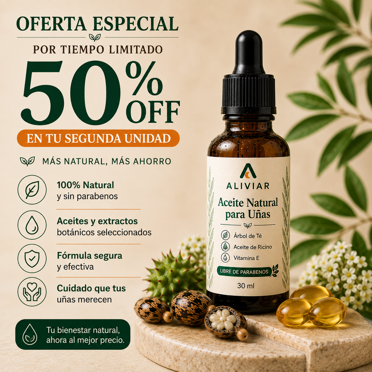 Aceite Natural para Uñas Engrosadas, Amarillas y Mal Olor -ALIVIAR